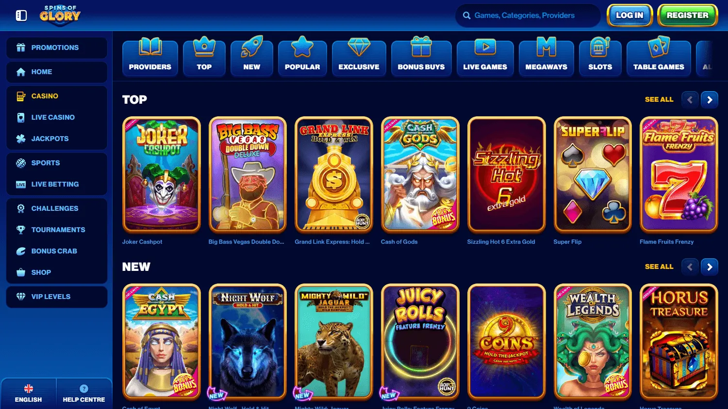 Spins Of Glory Casino desktop games screen