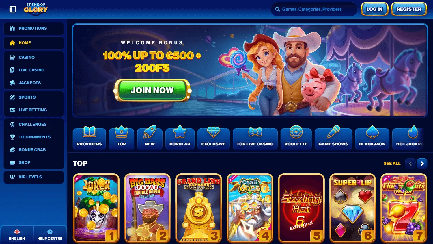 Spins Of Glory Casino desktop home screen