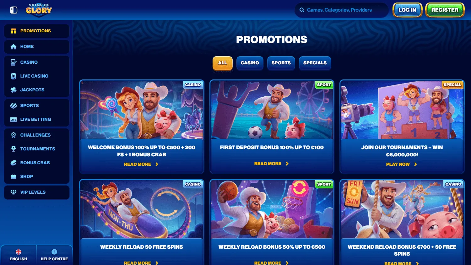 Spins Of Glory Casino desktop promotions screen
