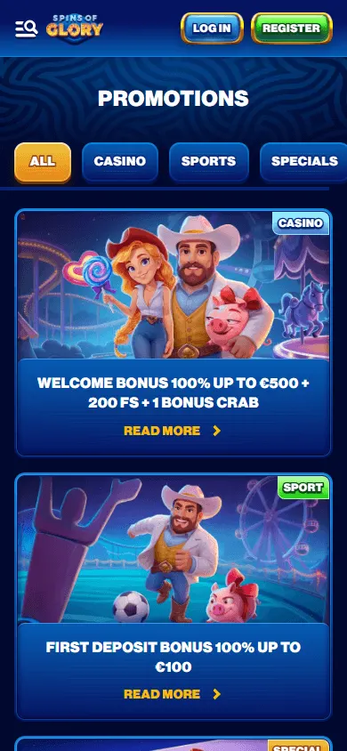 Spins Of Glory Casino mobile promotions screen