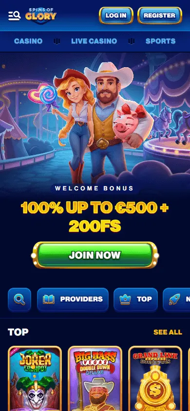 Spins Of Glory Casino mobile browser home screen