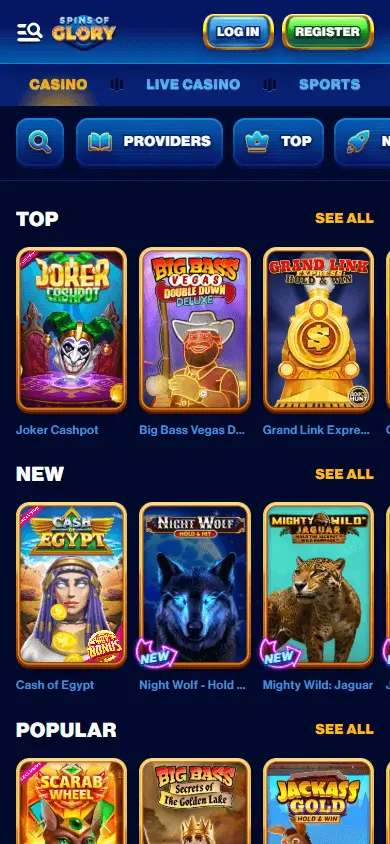 Spins Of Glory Casino mobile games screen